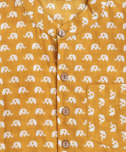 Cotton Woven Full Sleeves AII Over Printed Short Kurta- Mustard