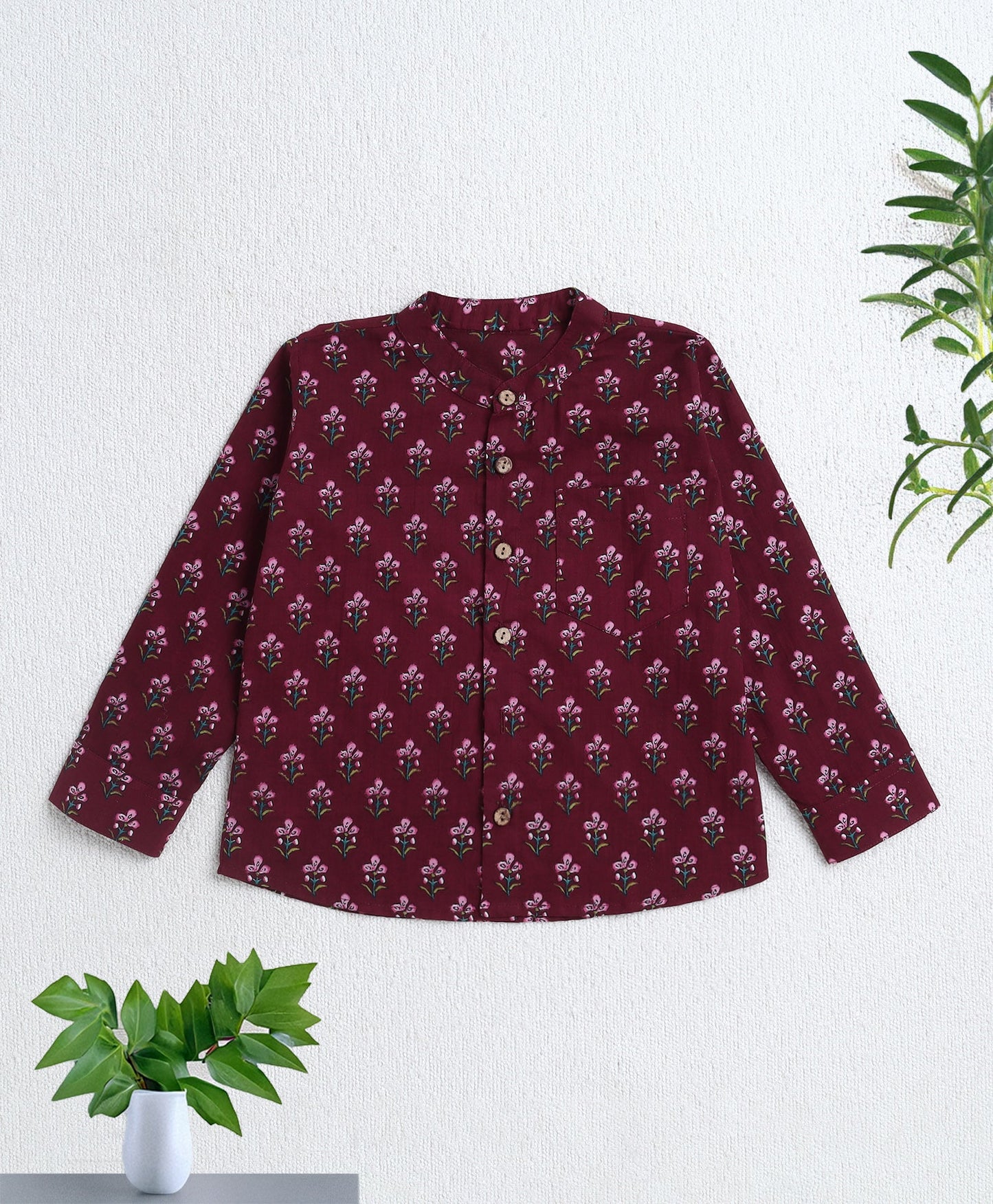 Cotton Woven Full Sleeves AII Over Printed Short Kurta- Maroon