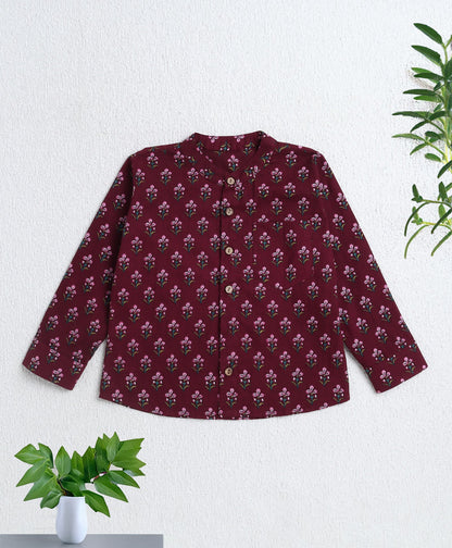 Cotton Woven Full Sleeves AII Over Printed Short Kurta- Maroon