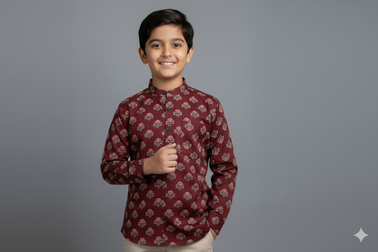 The Magic Wand Cotton Woven Full Sleeves AII Over Printed Short Kurta- Maroon