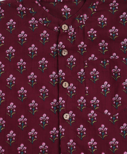 Cotton Woven Full Sleeves AII Over Printed Short Kurta- Maroon