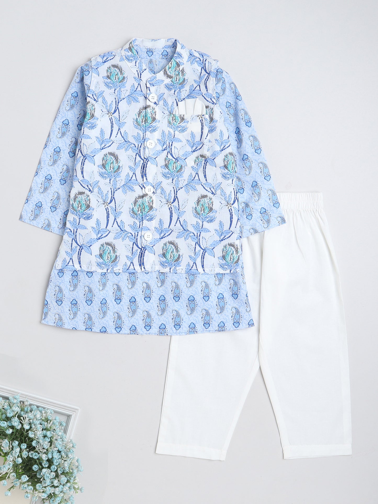 Full Sleeves Floral Printed Kurta & Pyjama with Pocket Square Jacket set-Blue