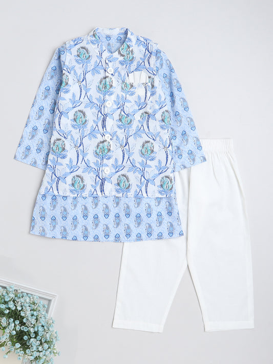 Full Sleeves Floral Printed Kurta & Pyjama with Pocket Square Jacket set-Blue