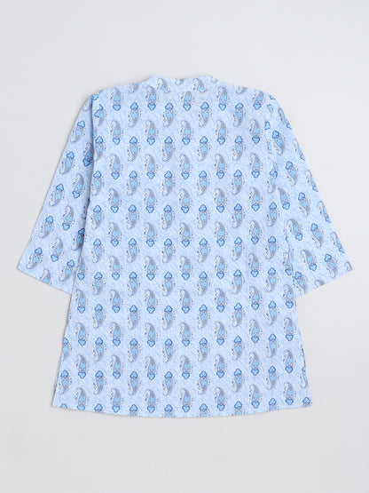 Full Sleeves Floral Printed Kurta & Pyjama with Pocket Square Jacket set-Blue