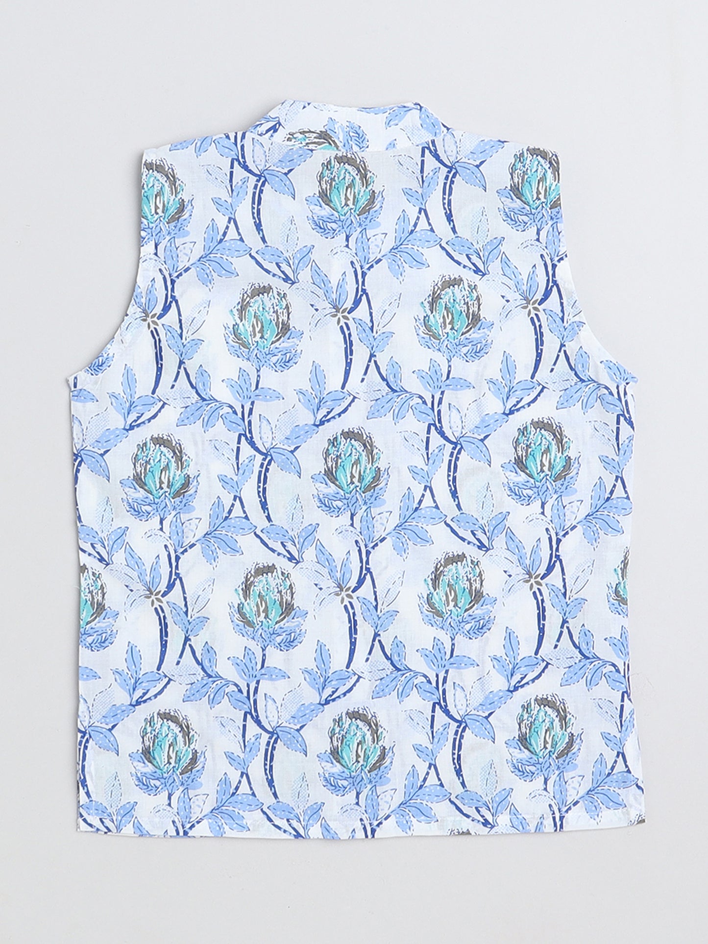 Full Sleeves Floral Printed Kurta & Pyjama with Pocket Square Jacket set-Blue