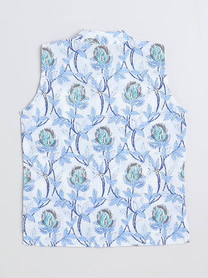 Full Sleeves Floral Printed Kurta & Pyjama with Pocket Square Jacket set-Blue