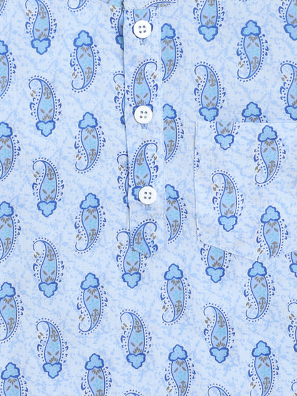 Full Sleeves Floral Printed Kurta & Pyjama with Pocket Square Jacket set-Blue
