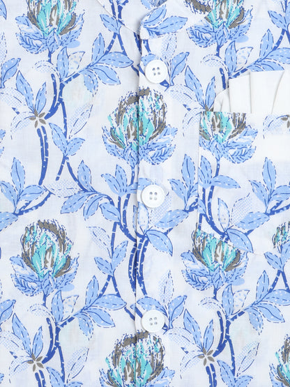 Full Sleeves Floral Printed Kurta & Pyjama with Pocket Square Jacket set-Blue