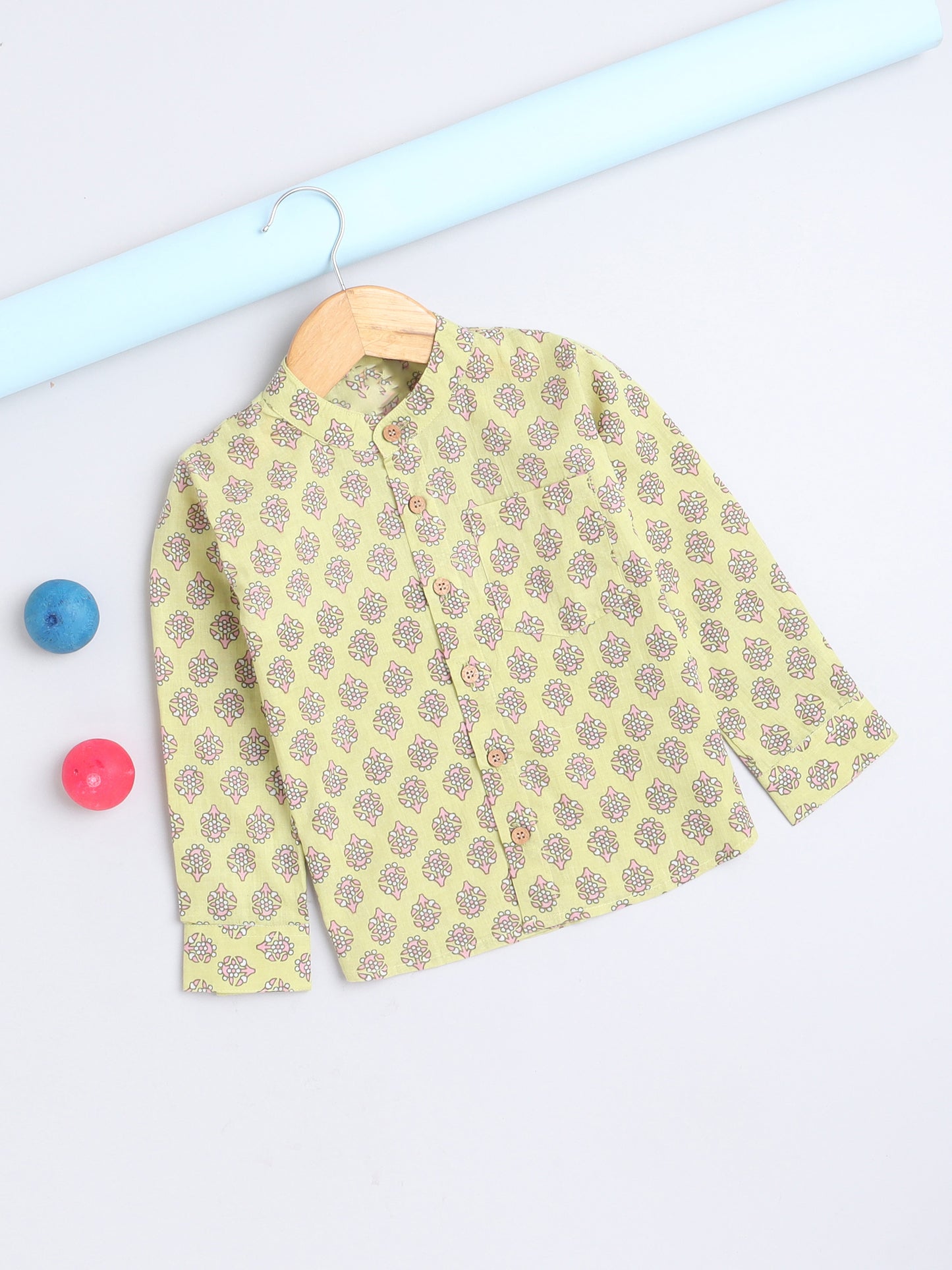 Full Sleeves Floral Printed Chinese Collar Casual Shirt For Boys-Yellow
