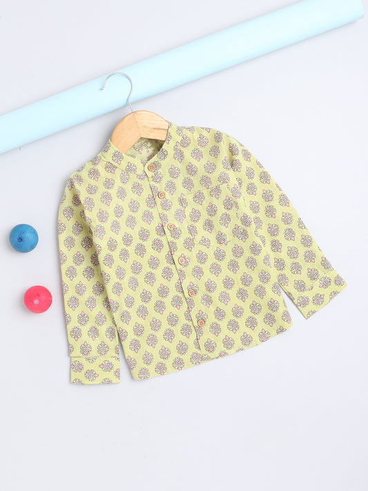 Full Sleeves Floral Printed Chinese Collar Casual Shirt For Boys-Yellow