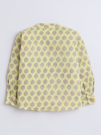 Full Sleeves Floral Printed Chinese Collar Casual Shirt For Boys-Yellow