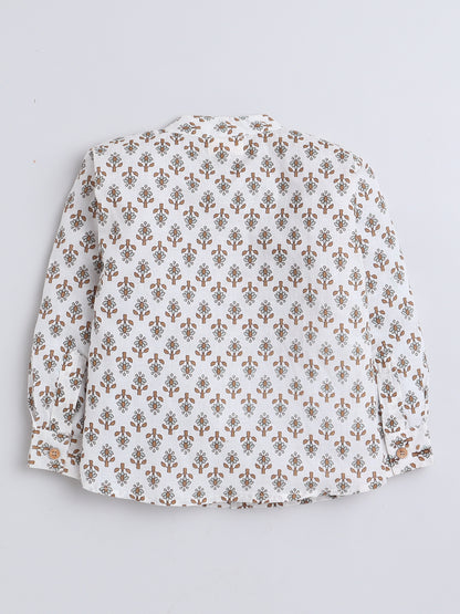 Full Sleeves Floral Printed Chinese Collar Casual Shirt For Boys-Off White