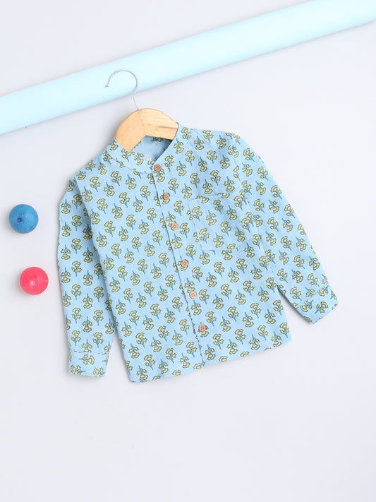 Full Sleeves Floral Printed Chinese Collar Casual Shirt For Boys- Blue