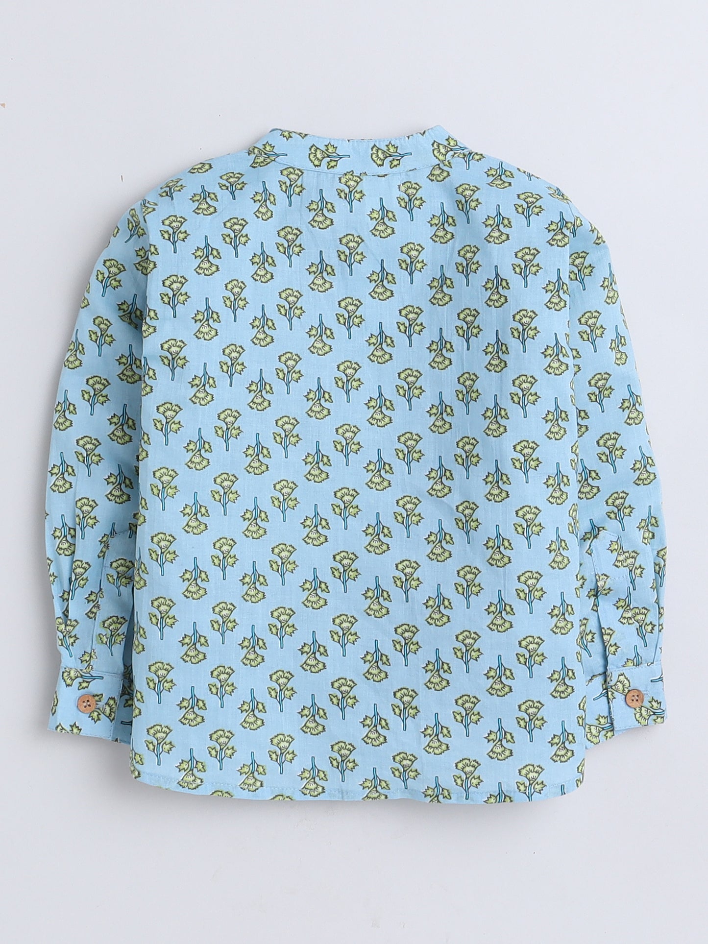 Full Sleeves Floral Printed Chinese Collar Casual Shirt For Boys- Blue