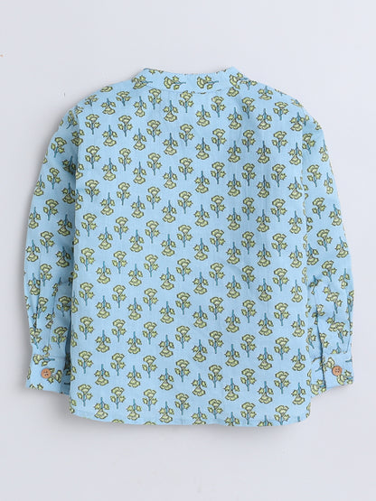 Full Sleeves Floral Printed Chinese Collar Casual Shirt For Boys- Blue