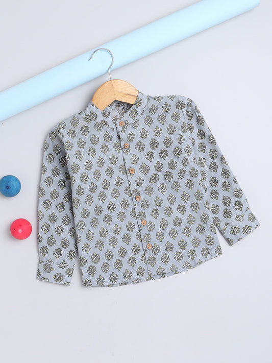 Full Sleeves Floral Printed Chinese Collar Casual Shirt For Boys-Grey