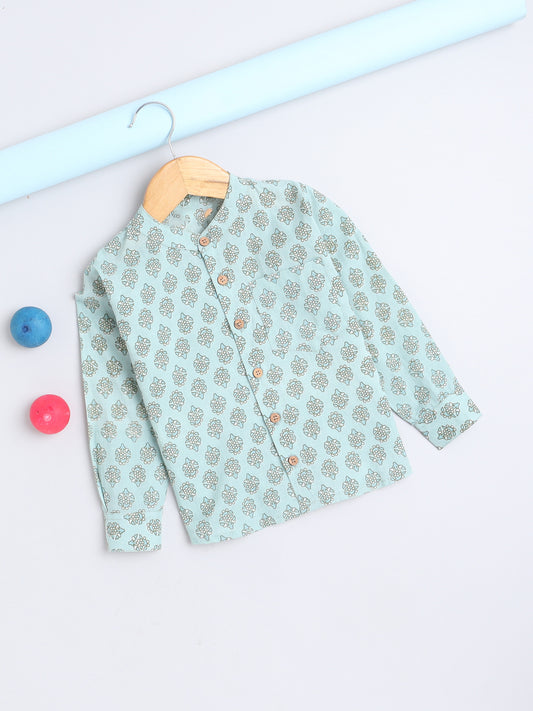 Full Sleeves Floral Printed Chinese Collar Casual Shirt For Boys-Cyan