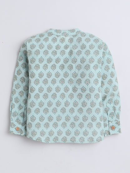 Full Sleeves Floral Printed Chinese Collar Casual Shirt For Boys-Cyan