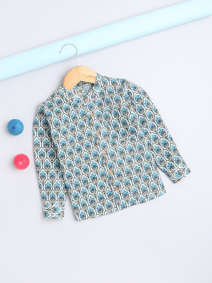Full Sleeves Floral Printed Chinese Collar Casual Shirt For Boys-Blue