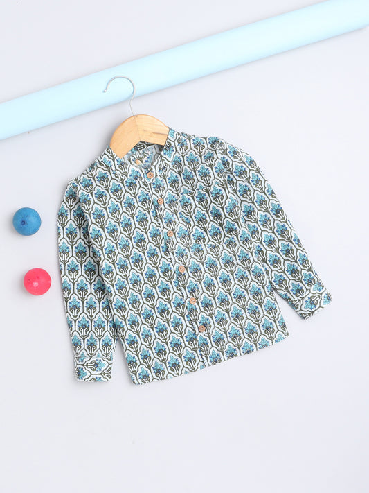 Full Sleeves Floral Printed Chinese Collar Casual Shirt For Boys-Blue