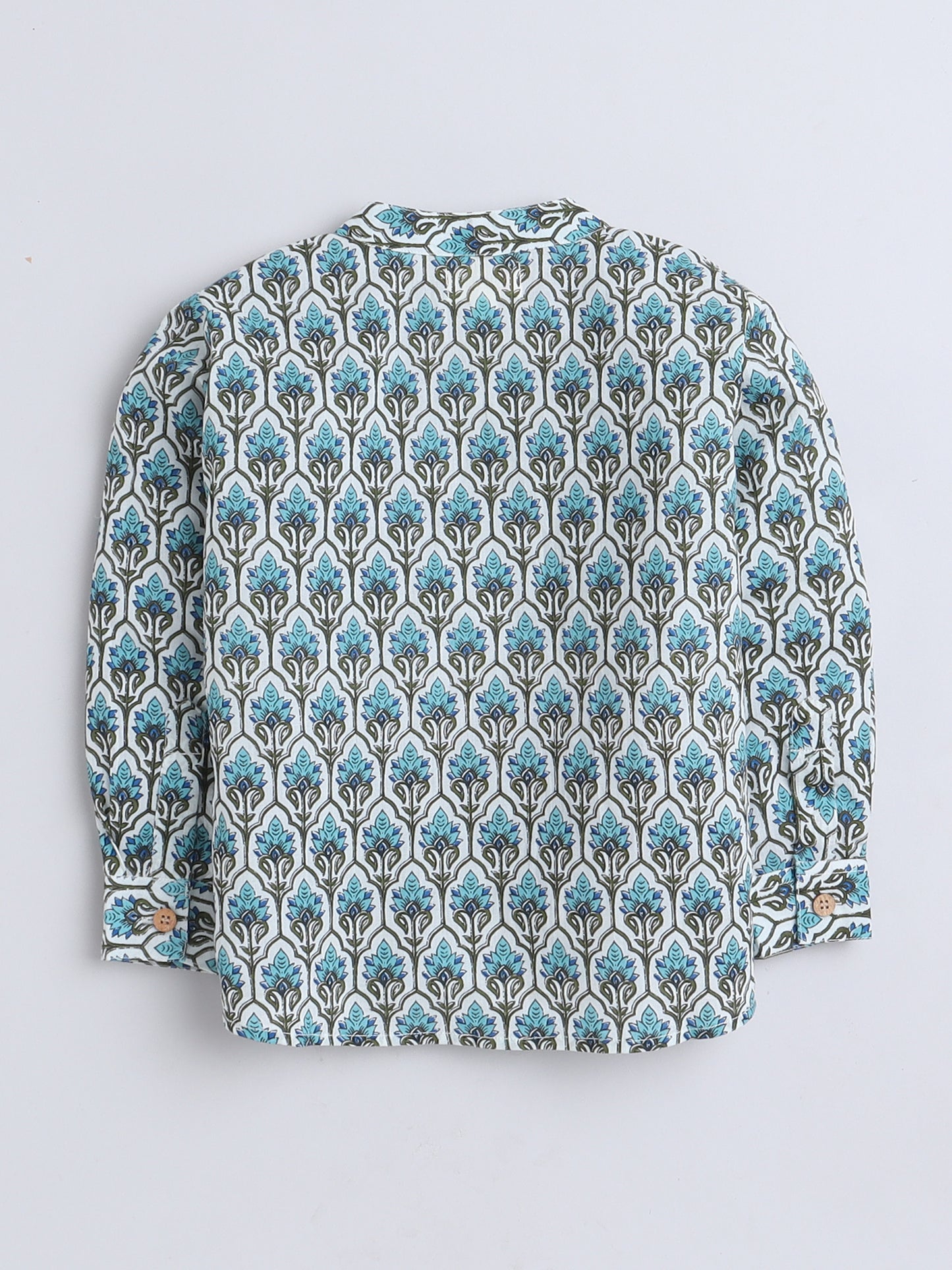 Full Sleeves Floral Printed Chinese Collar Casual Shirt For Boys-Blue