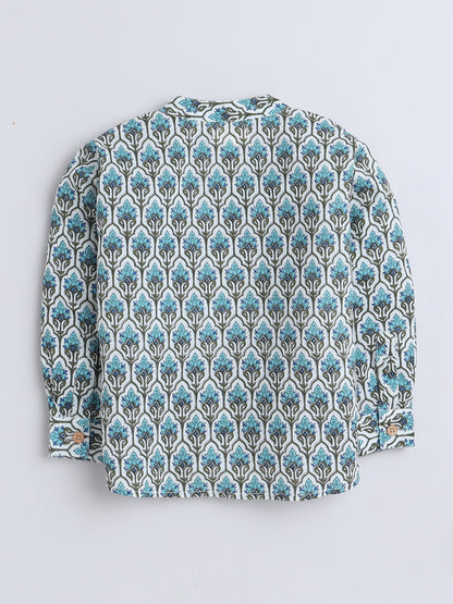 Full Sleeves Floral Printed Chinese Collar Casual Shirt For Boys-Blue