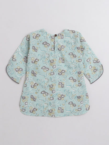 3/4th Sleeves Floral Printed Top With Printed Bottom Loungewear Set For Girls Mint