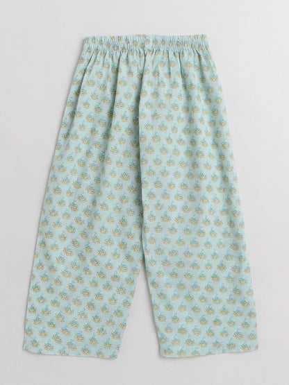 3/4th Sleeves Floral Printed Top With Printed Bottom Loungewear Set For Girls Mint