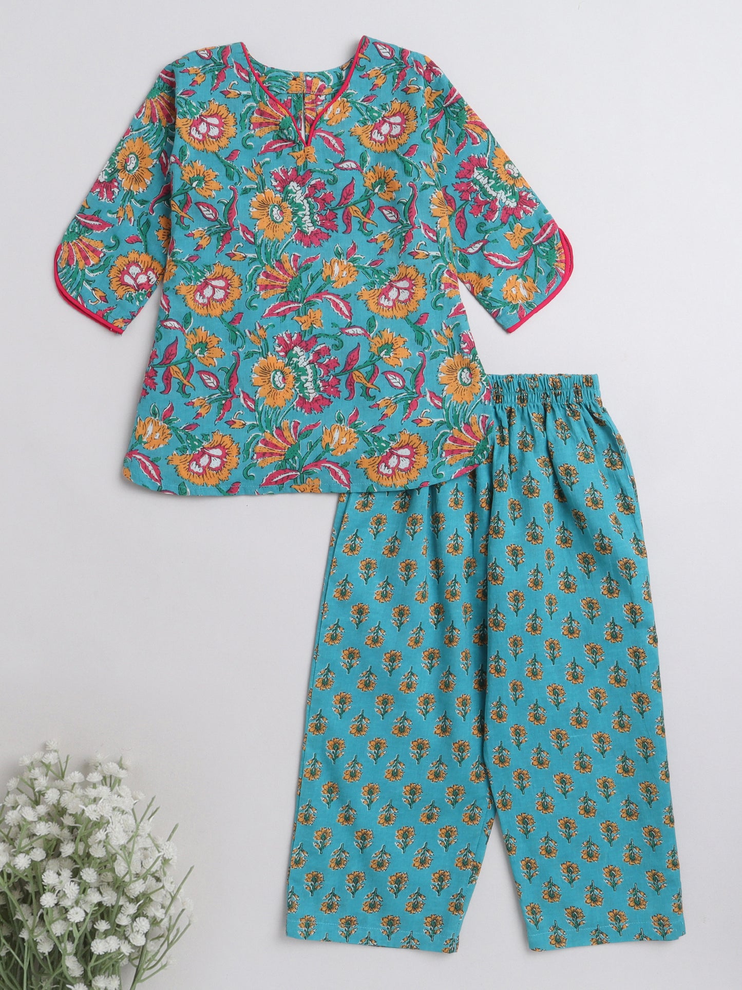 3/4th Sleeves Floral Printed Top With Printed Bottom Loungewear Set For Girls Blue