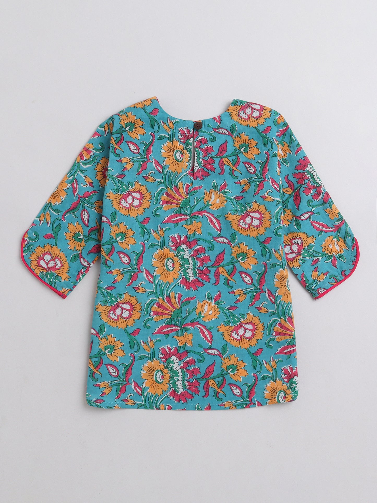 3/4th Sleeves Floral Printed Top With Printed Bottom Loungewear Set For Girls Blue