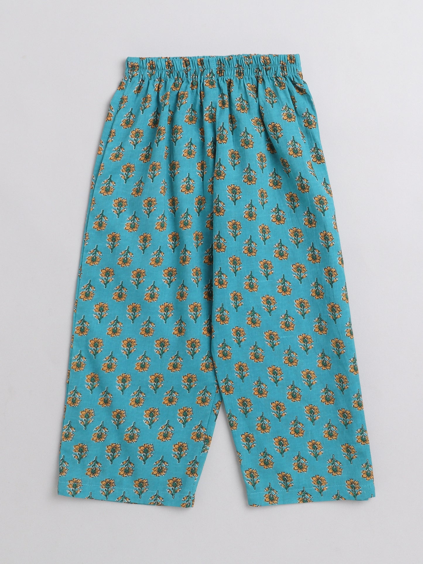 3/4th Sleeves Floral Printed Top With Printed Bottom Loungewear Set For Girls Blue
