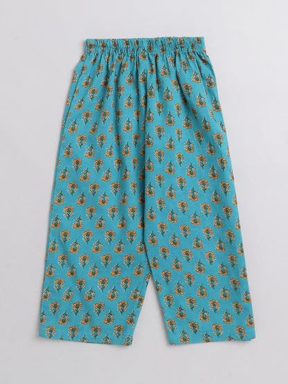 3/4th Sleeves Floral Printed Top With Printed Bottom Loungewear Set For Girls Blue