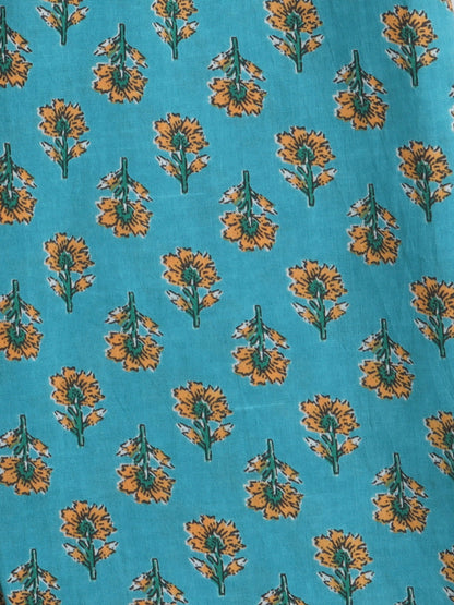 3/4th Sleeves Floral Printed Top With Printed Bottom Loungewear Set For Girls Blue