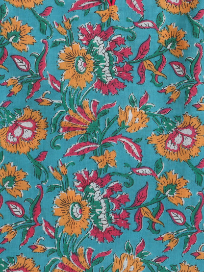 3/4th Sleeves Floral Printed Top With Printed Bottom Loungewear Set For Girls Blue