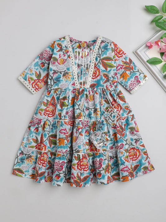 Printed Short Sleeves Aabla Lace & Tassle Detailing Tiered Gota Dress For Girls-Blue