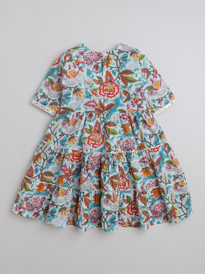 Printed Short Sleeves Aabla Lace & Tassle Detailing Tiered Gota Dress For Girls-Blue