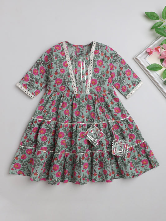 Printed Short Sleeves Aabla Lace & Tassle Detailing Tiered Gota Dress For Girls-Mint