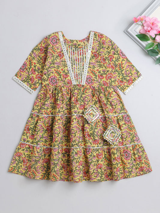 Printed Elbow Sleeves Aabla Lace & Tassle Detailing Tiered Gota Dress For Girls-Yellow