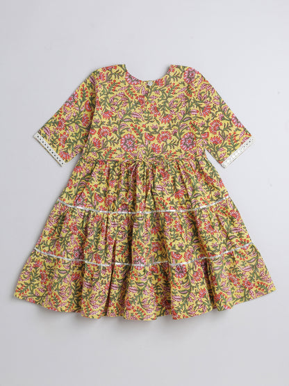 Printed Elbow Sleeves Aabla Lace & Tassle Detailing Tiered Gota Dress For Girls-Yellow