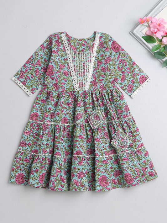 Printed Elbow Sleeves Aabla Lace & Tassle Detailing Tiered Gota Dress For Girls-Blue