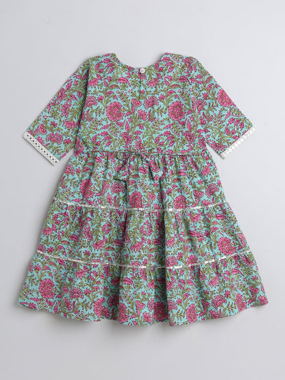 Printed Elbow Sleeves Aabla Lace & Tassle Detailing Tiered Gota Dress For Girls-Blue