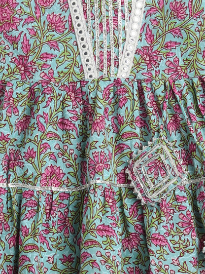 Printed Elbow Sleeves Aabla Lace & Tassle Detailing Tiered Gota Dress For Girls-Blue
