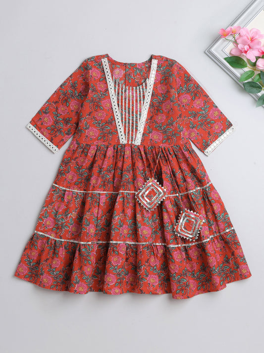 Printed Elbow Sleeves Aabla Lace & Tassle Detailing Tiered Gota Dress For Girls-Red