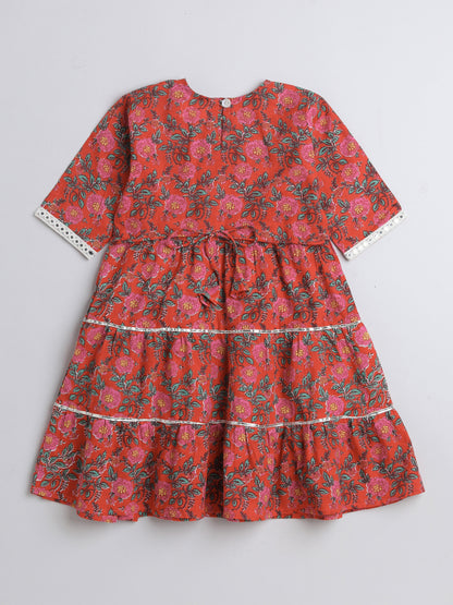 Printed Elbow Sleeves Aabla Lace & Tassle Detailing Tiered Gota Dress For Girls-Red