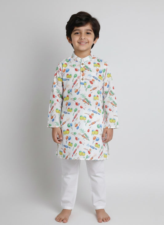 The Magic Wand Holi Full Sleeves Balloon & Pichkari Printed Kurta - White