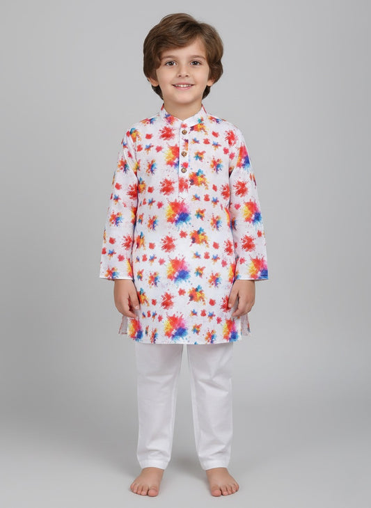 The Magic Wand Holi Full Sleeves Colour Splash Printed Kurta - White