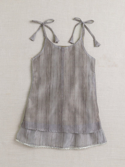 Chanderi Sleeveless Striped Lace Embellished Kurta & Salwar Set - Grey