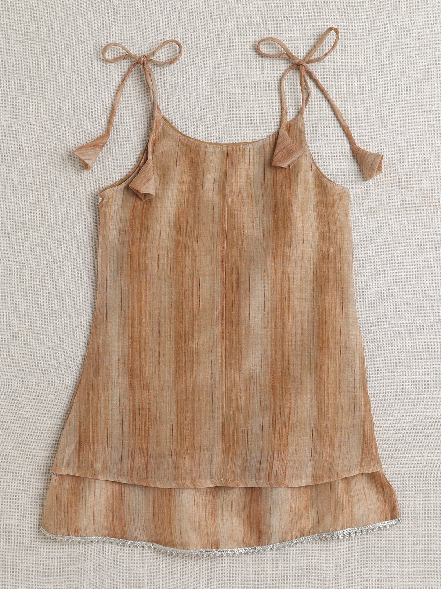 Chanderi Sleeveless Striped Lace Embellished Kurta & Salwar Set - Brown