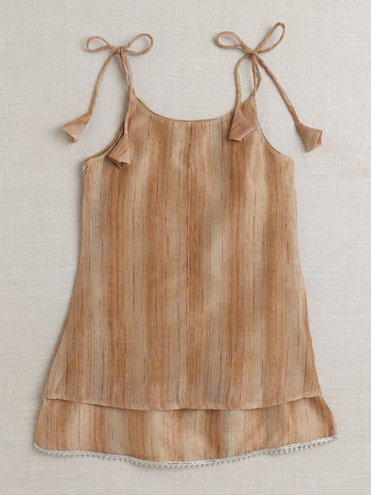 Chanderi Sleeveless Striped Lace Embellished Kurta & Salwar Set - Brown