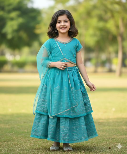 The Magic Wand Woven Half Sleeves Lace Foil Printed Lehenga and Choli with Dupatta Set- Blue
